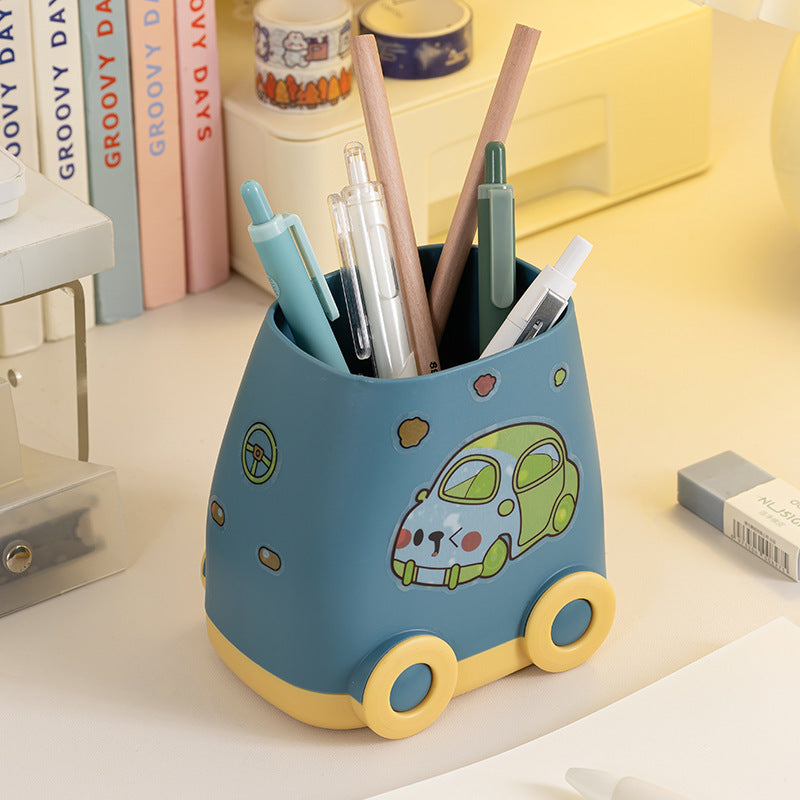 Playful Mini Car Pen Holder with Stickers, Desktop Pencil Cup and Small Stationery Organizer in Four Colors