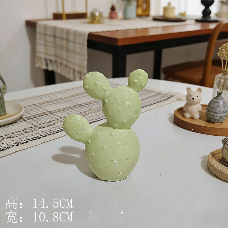 Ceramic Cactus Figurine, Sculptural Green Tabletop Ornament in Three Sizes for Desks, Shelves and Cozy Home Decor