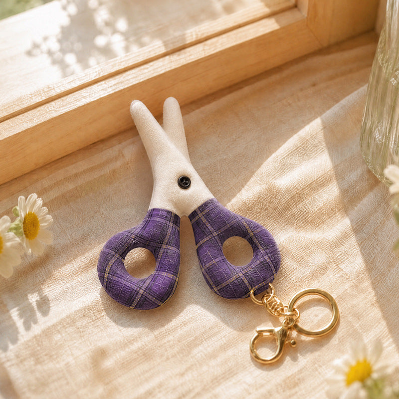 Playful Scissors Plush Bag Charm, 10 cm Soft Scissor-Shaped Keychain in Pink, Purple Gingham, Rose Pink or Red