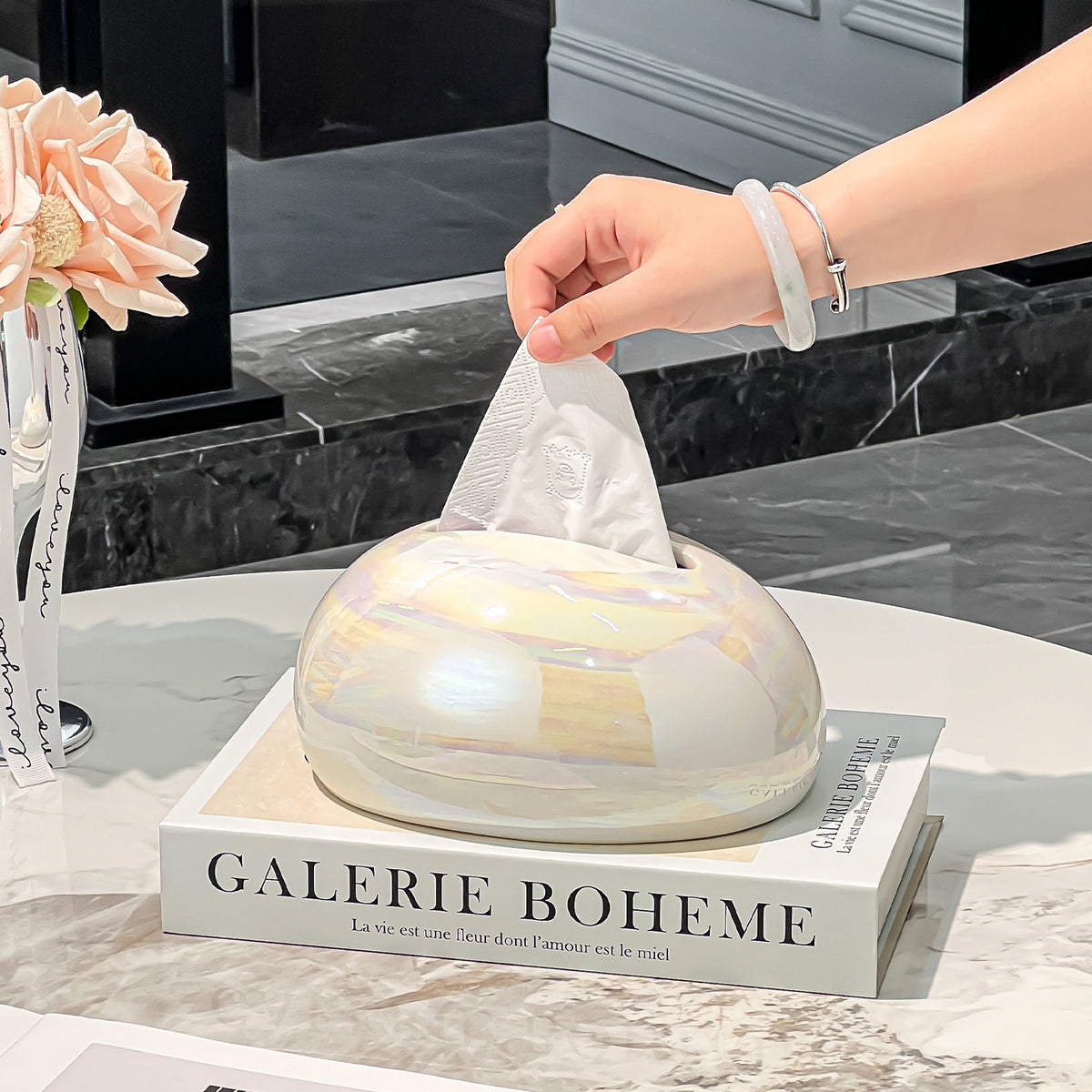 Sculptural Water Drop Tissue Box Cover, Marble-Look and Iridescent Tabletop Holder for Elegant Living Room Decor