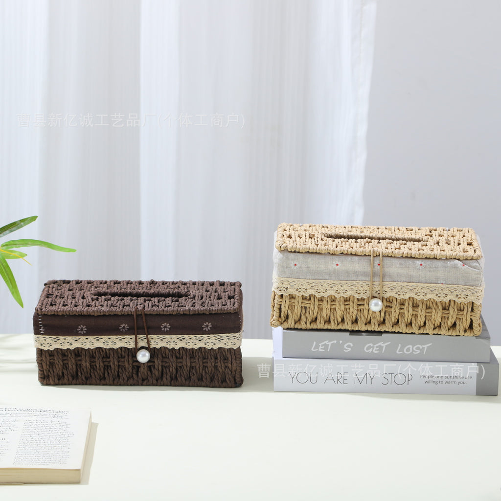 Woven Tissue Box Cover in Natural or Chestnut, Beaded and Button Styles in Medium or Large for Cozy Living Rooms and Desks