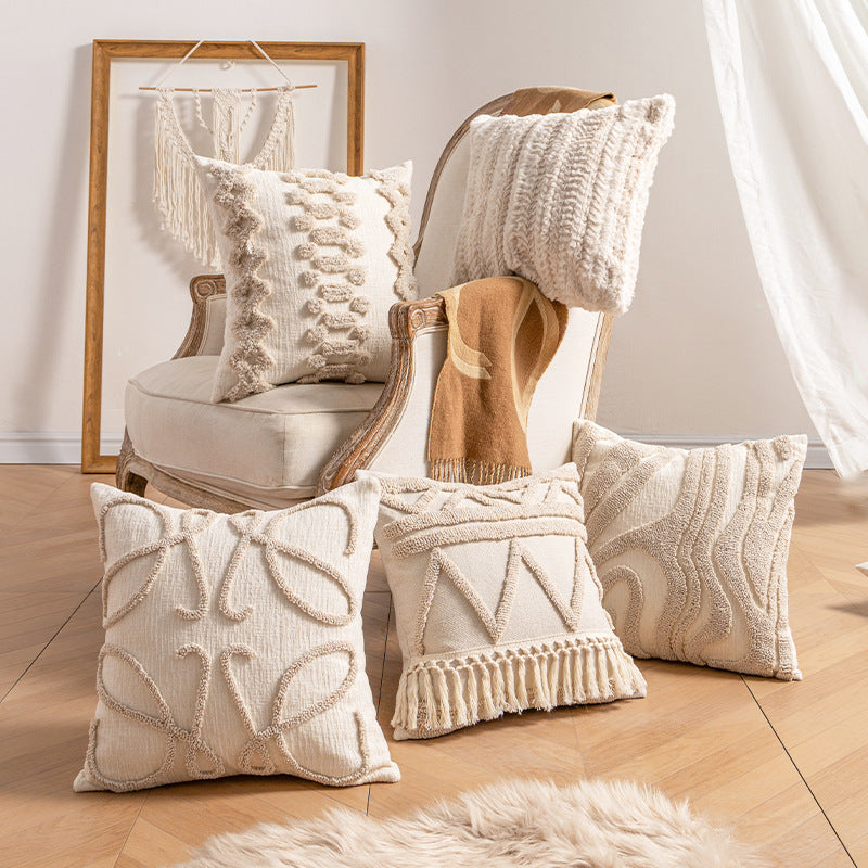 Textured Fringe Pillow Cover in Warm Neutrals, Decorative Cushion Case for Sofas, Beds and Cozy Living Rooms