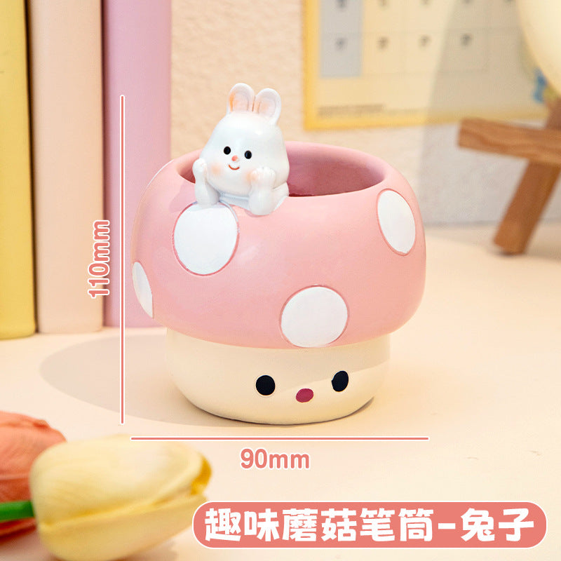 Whimsical Mushroom Pen Holder with Animal Friends, Playful Desktop Pencil Cup for Creative Workspaces, Shelves and Gift Giving