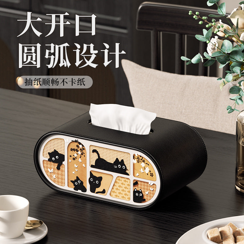 Cat Pattern Tissue Box Cover in Black, White or Cream, Decorative Rectangular Tissue Holder for Cozy Living Rooms, Bedrooms and Desks