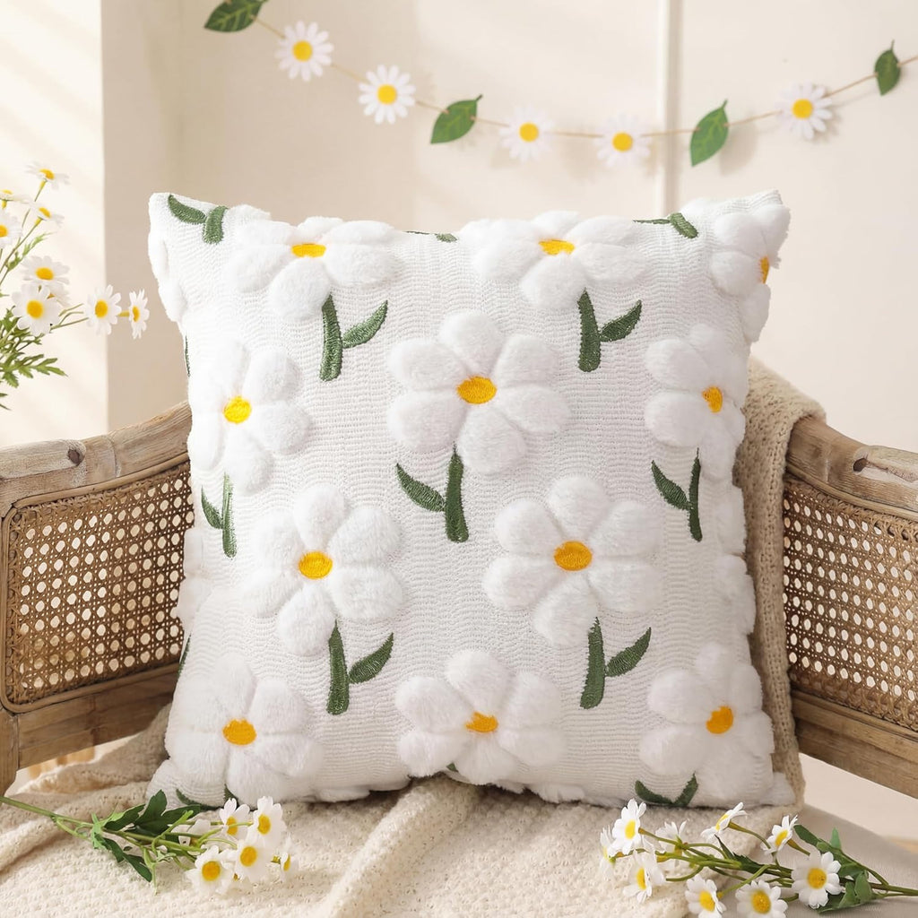 Raised Daisy Embroidered Pillow Cover, 18 x 18 Inch Floral Cushion Case for Cozy Sofas, Bedrooms and Spring Home Decor