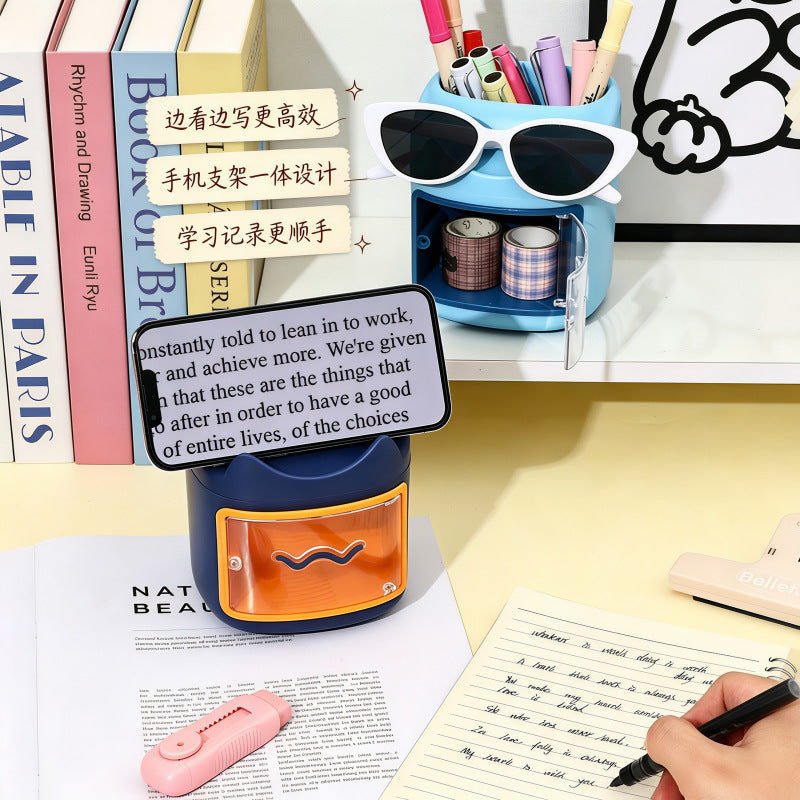 Color Block Mini Drawer Pen Holder, Compact Desk Organizer with Pull-Out Drawer in Light Blue, White or Navy