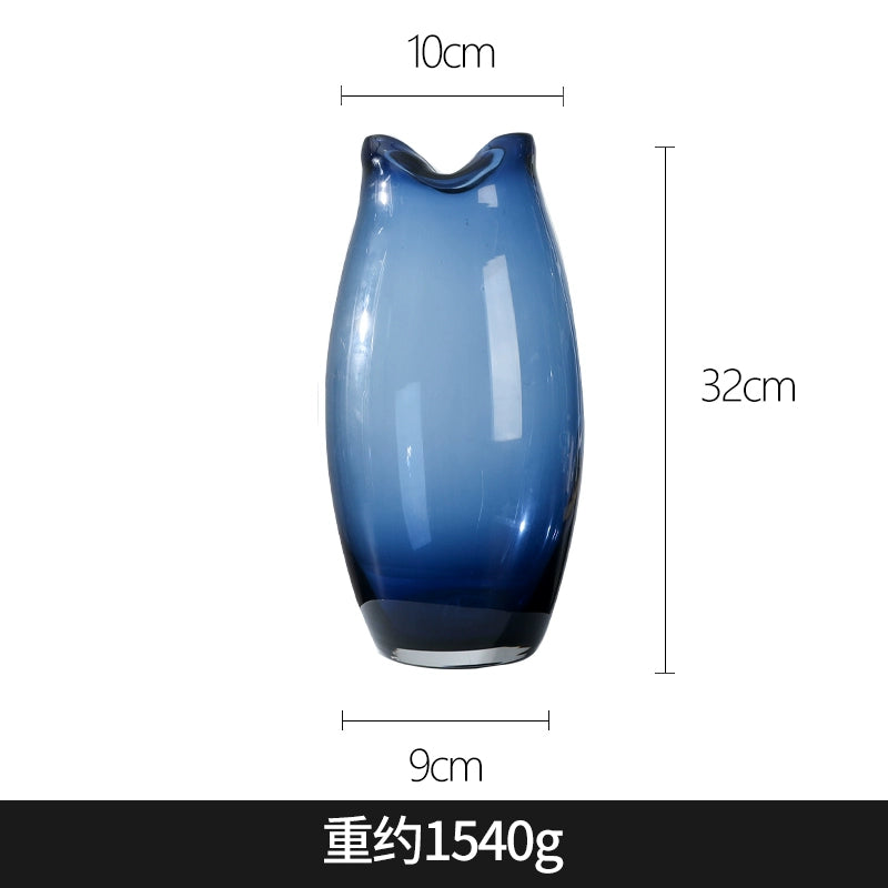 Blue handmade transparent fish mouth glass vase