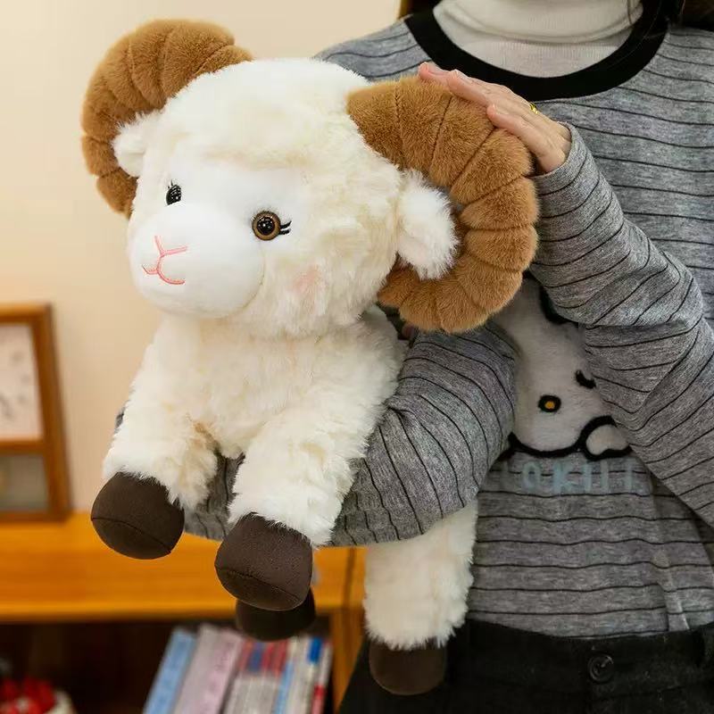 Curly Horn Sheep Plush Toy, 23 cm Cream Ram Stuffed Animal for Nursery Shelves, Cozy Rooms and Animal Gifts
