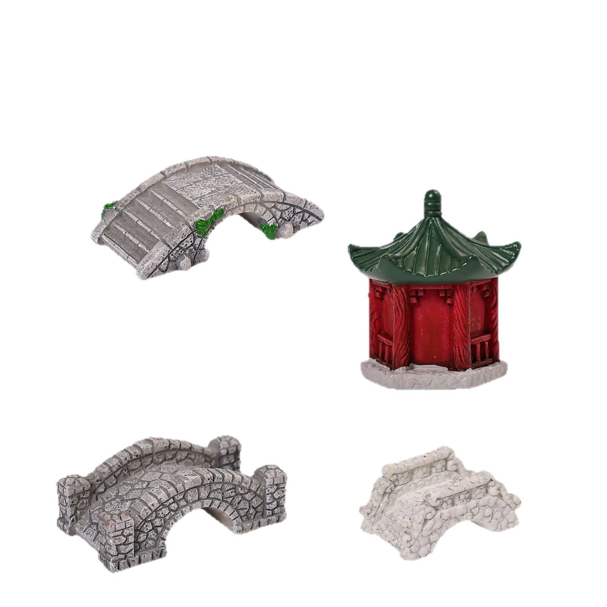 Miniature Garden Bridge and Pavilion Set of 11, Tiny Stone Lantern Bridges and Courtyard Accents for Desk Displays