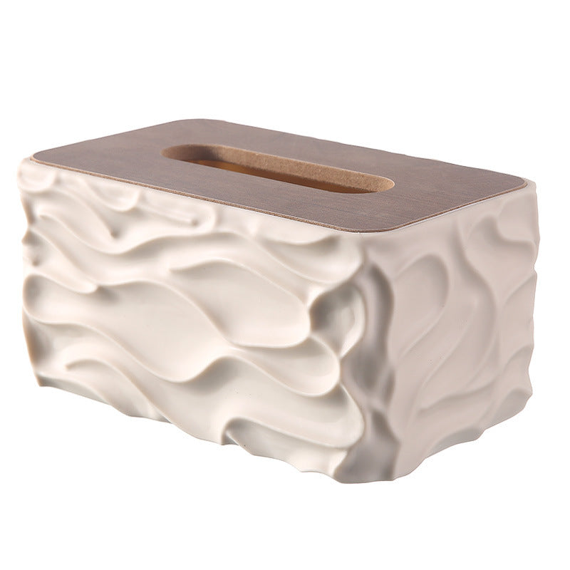 Decorative Tissue Box Cover with Wood-Look Lid, Quilted, Wave, Floral or Rounded Styles in Beige, White, Olive Green and Gray