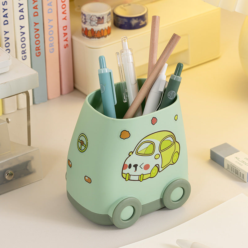 Playful Mini Car Pen Holder with Stickers, Desktop Pencil Cup and Small Stationery Organizer in Four Colors