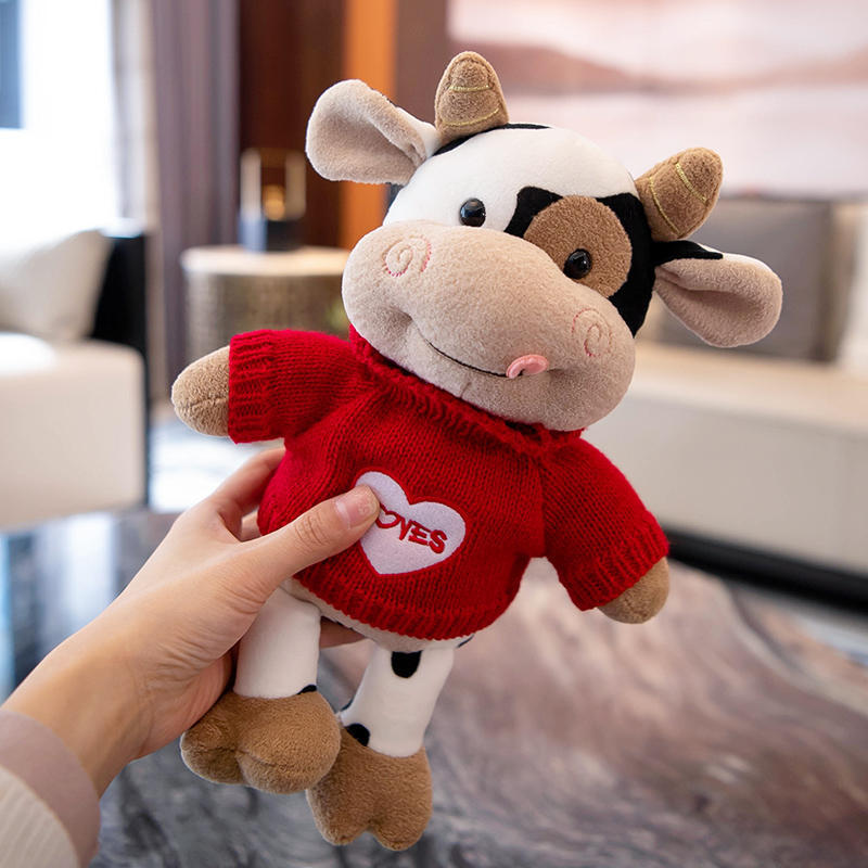 Cozy Cow Plush Toy, 30 cm Black-and-White Calf in Six Outfits for Nursery Shelves and Animal Lover Gifts