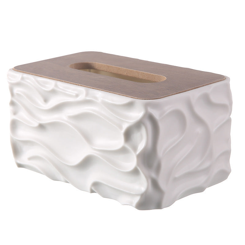 Decorative Tissue Box Cover with Wood-Look Lid, Quilted, Wave, Floral or Rounded Styles in Beige, White, Olive Green and Gray