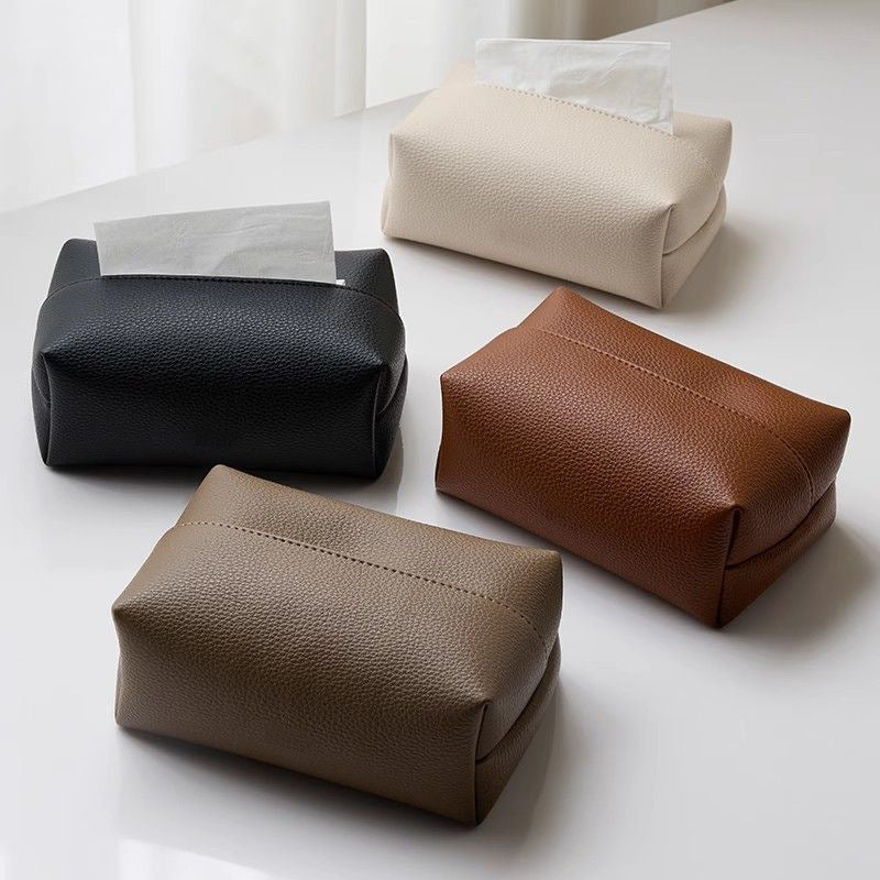 Four Piece Leather Look Tissue Box Cover Set in Cream White Dove Gray Black and Caramel Brown for Living Rooms and Desks