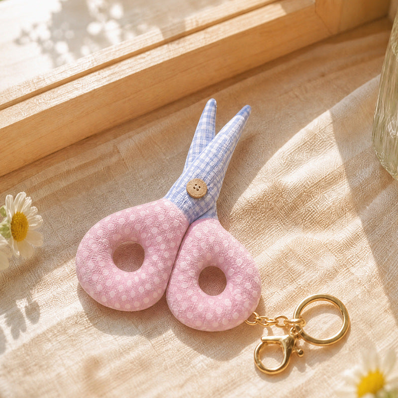 Playful Scissors Plush Bag Charm, 10 cm Soft Scissor-Shaped Keychain in Pink, Purple Gingham, Rose Pink or Red