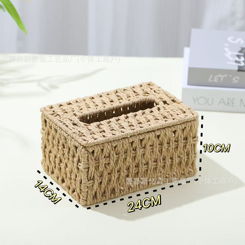 Woven Tissue Box Cover in Natural or Chestnut, Beaded and Button Styles in Medium or Large for Cozy Living Rooms and Desks