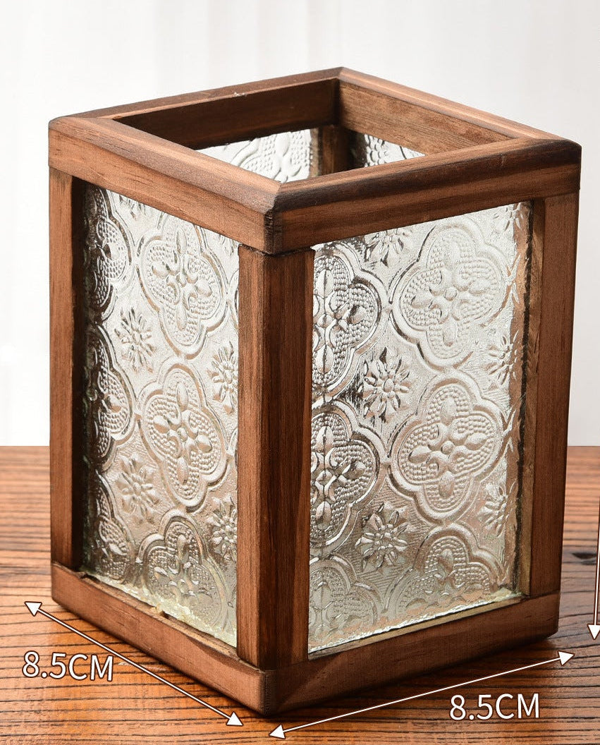 Floral Glass and Wood Desk Organizer, Vintage-Inspired Pen Holder or Lidded Keepsake Box for Home Offices and Creative Spaces