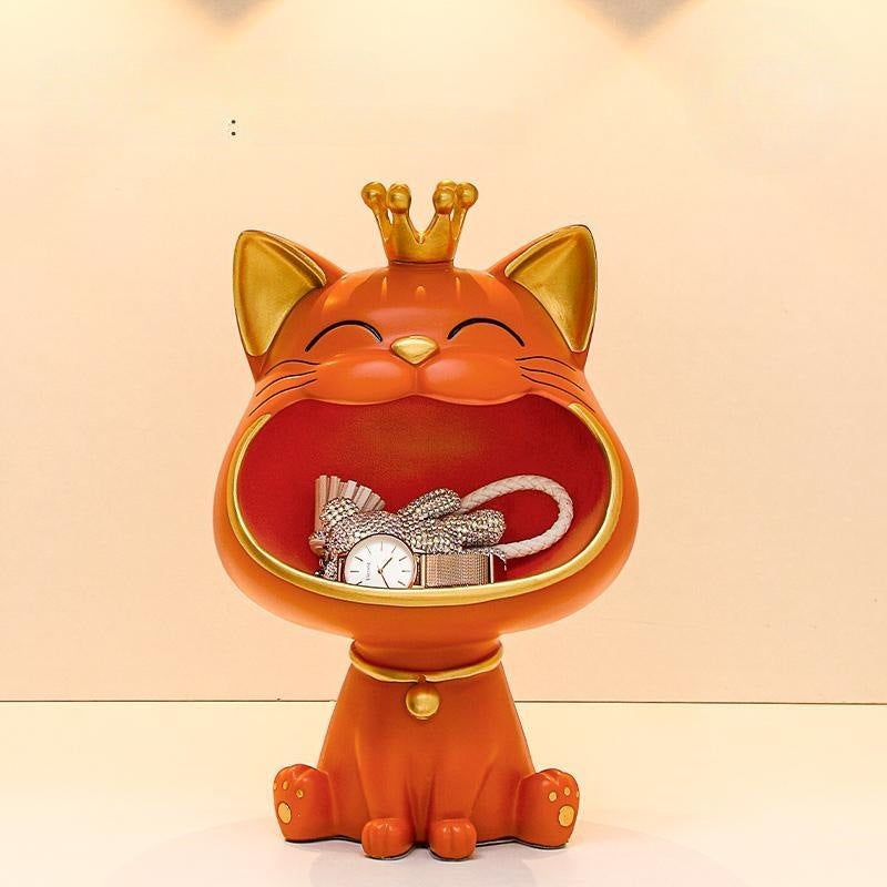 Crowned Cat Catchall Figurine, Playful Open Mouth Jewelry and Key Holder in Four Colors for Desks, Entryways and Gifts