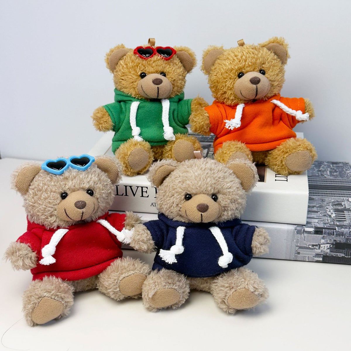Outfit Teddy Bear Plush Bag Charm, 11 cm Mini Stuffed Bear Keychain in Colorful Sweaters and Shirts