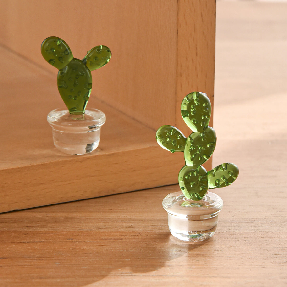 Mini Glass Cactus Figurine, Colorful Botanical Tabletop Accent for Desks, Shelves and Sunny Little Corners