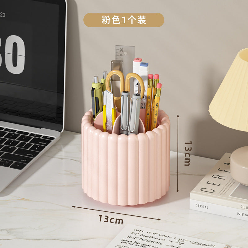 Ribbed Rotating Pencil Holder, Pastel Desk Organizer Cup for Pens, Pencils and Makeup Brushes in White, Cream or Pink