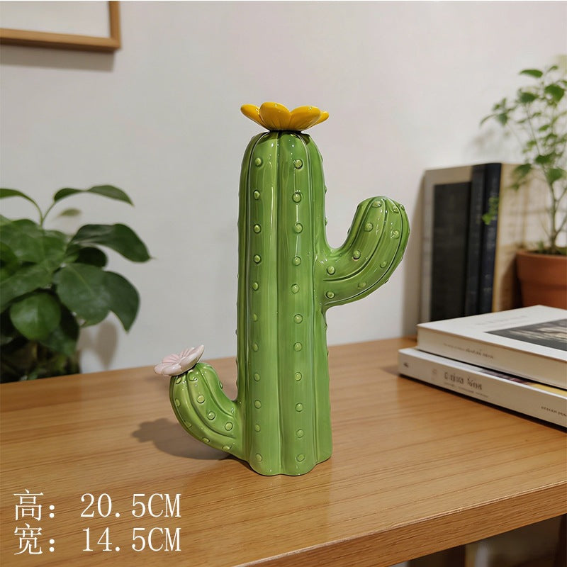 Ceramic Cactus Figurine, Sculptural Green Tabletop Ornament in Three Sizes for Desks, Shelves and Cozy Home Decor