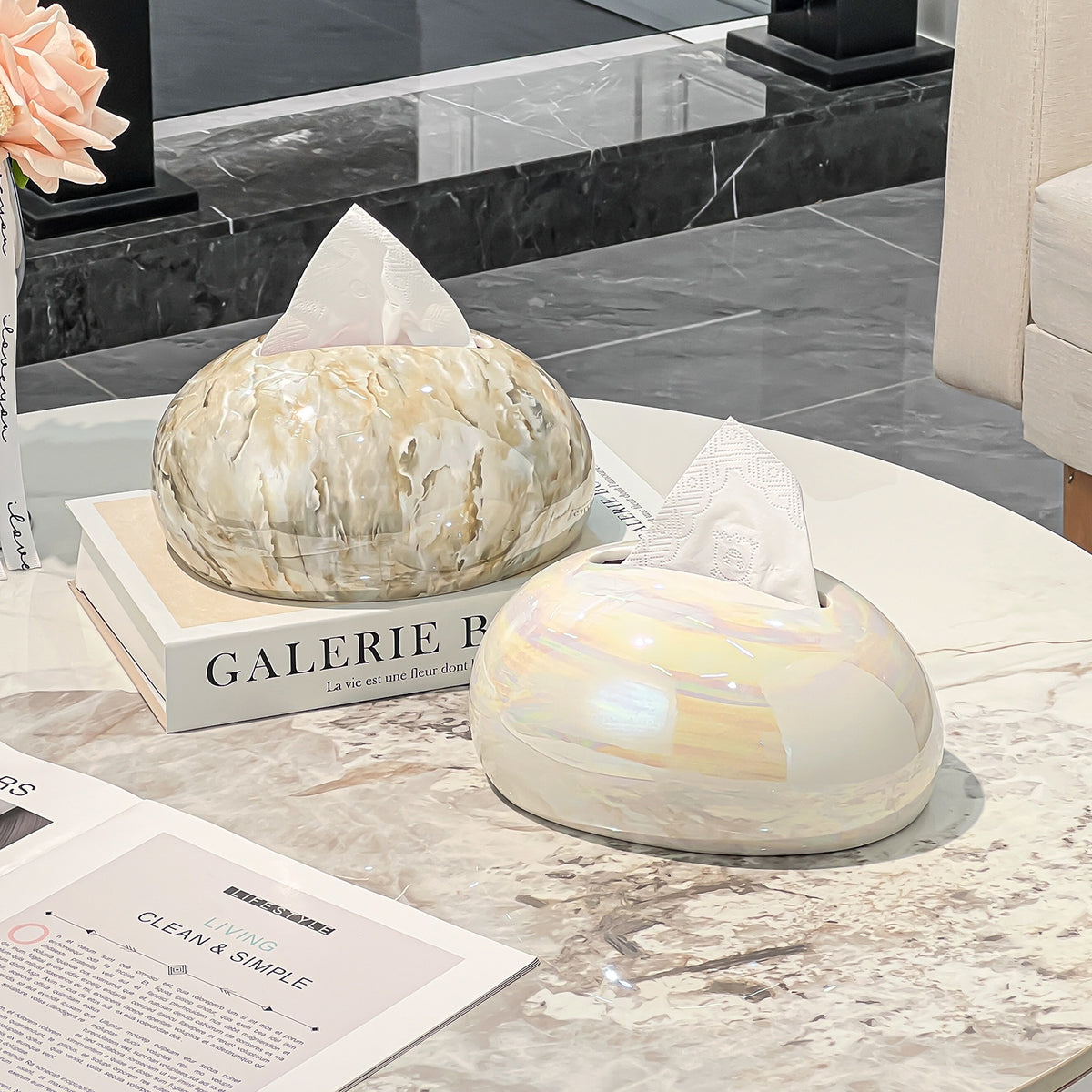 Sculptural Water Drop Tissue Box Cover, Marble-Look and Iridescent Tabletop Holder for Elegant Living Room Decor