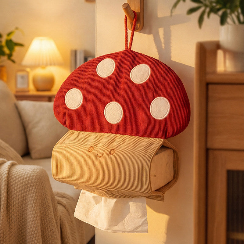 Mushroom Hanging Tissue Box Cover, Whimsical Red Toadstool Fabric Holder for Bedrooms, Living Rooms and Cozy Cottage Decor