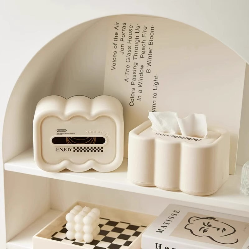 Cream Cloud Tissue Box Cover with Spring-Lift Base, Sculptural Tabletop Tissue Holder in Black or White Base for Living Rooms and Bedrooms