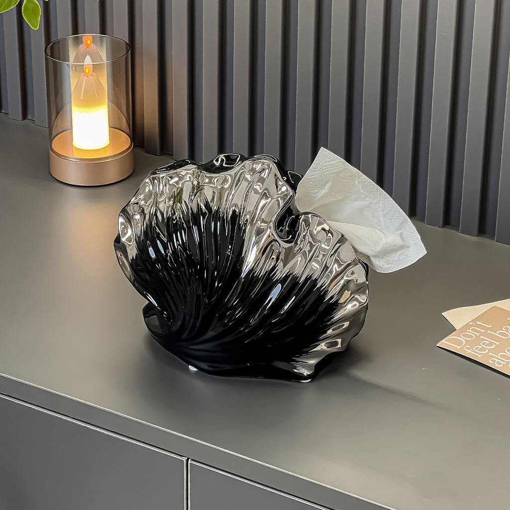 Sculptural Shell Tissue Box Cover, Ceramic-Inspired Seashell Tabletop Holder in Cream, Black or Iridescent for Elegant Home Decor