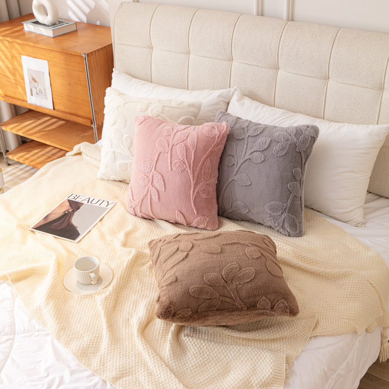 Plush Leaf and Diamond Pillow Cover, 45 x 45 cm Textured Cushion Case in Warm Colors for Cozy Sofas and Bedrooms