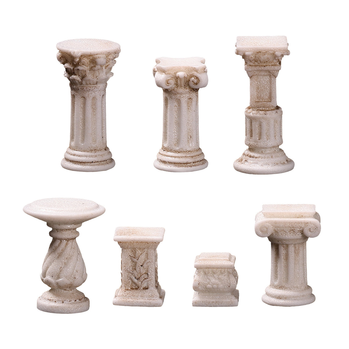 Miniature Roman Columns, Complete 7 Piece Architectural Set for Dollhouse Dioramas, Fairy Gardens and Creative Desk Displays