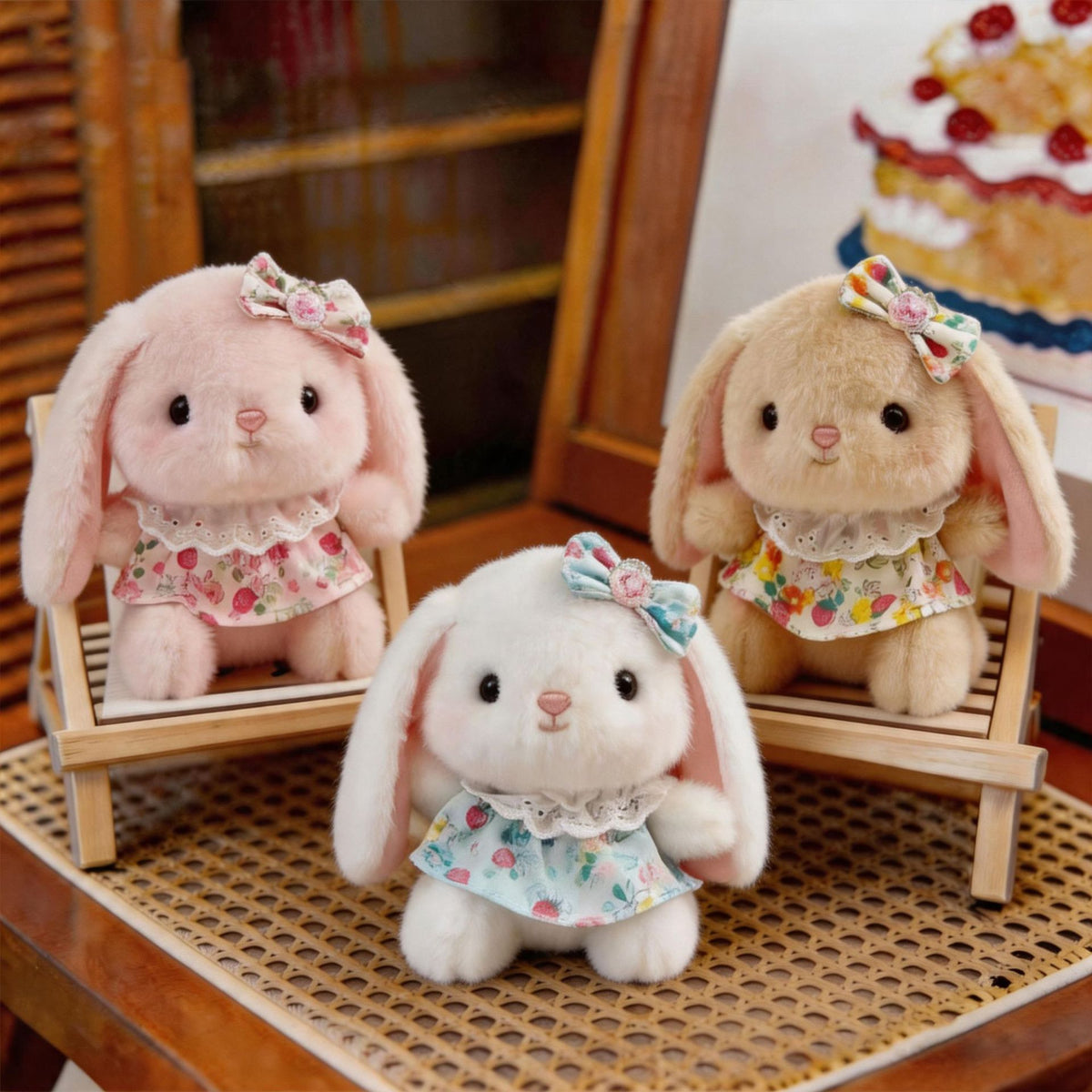 Strawberry Dress Bunny Plush Bag Charm, 12 or 16 cm Long-Eared Rabbit in Pink or Brown for Backpacks, Desks and Sweet Little Gifts
