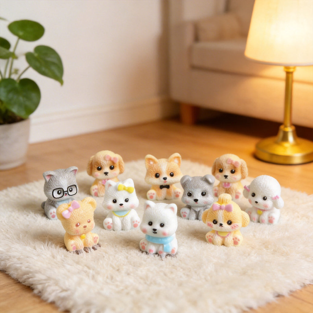 Tiny Dog Miniatures, Complete 10 Piece Puppy Figurine Collection for Desks, Bookshelves, Fairy Gardens and Dog Lover Gifts