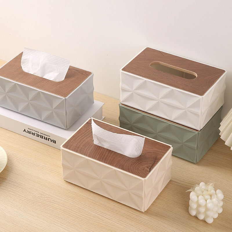 Decorative Tissue Box Cover with Wood-Look Lid, Quilted, Wave, Floral or Rounded Styles in Beige, White, Olive Green and Gray