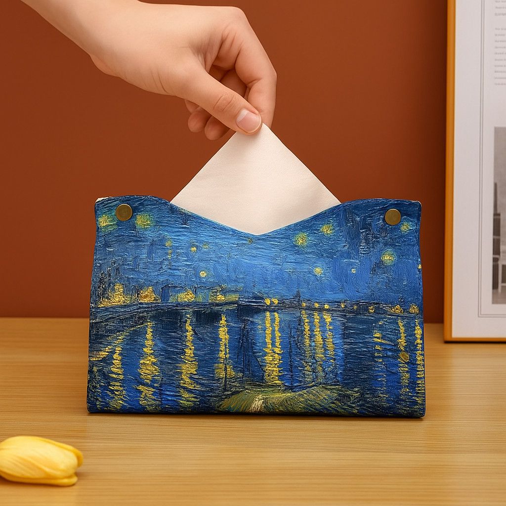 Gallery-Inspired Tissue Box Cover Set of 7, Art-Print Tissue Sleeves with Night Sky, Floral, Portrait and Botanical Designs for Living Rooms and Desks