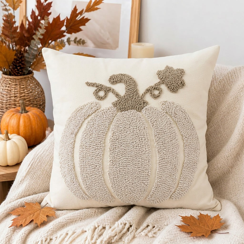 Embroidered Pumpkin Pillow Cover | Textured Autumn Cushion Case in Eight Designs for Cozy Sofas, Bedrooms and Fall Decor