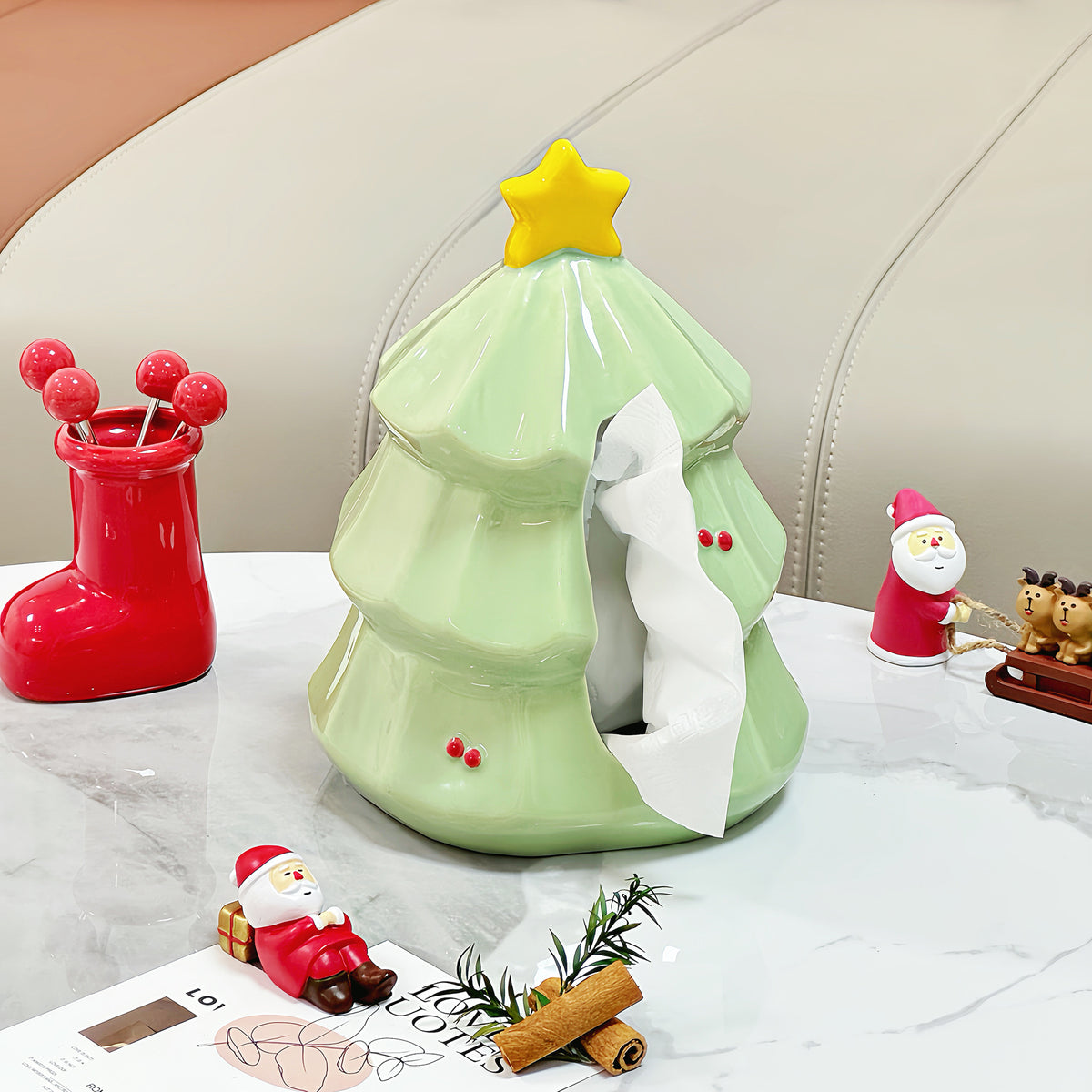 Christmas Tree Tissue Box Cover, Whimsical Green Holiday Tabletop Holder for Living Rooms and Festive Home Decor