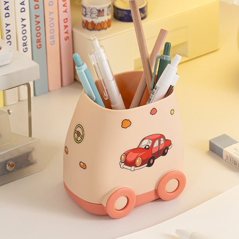 Playful Mini Car Pen Holder with Stickers, Desktop Pencil Cup and Small Stationery Organizer in Four Colors