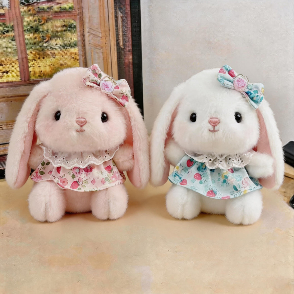Strawberry Dress Bunny Plush Bag Charm, 12 or 16 cm Long-Eared Rabbit in Pink or Brown for Backpacks, Desks and Sweet Little Gifts