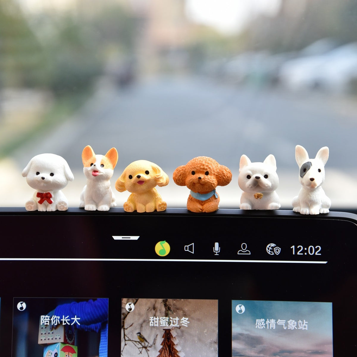 Six Tiny Dog Dashboard Figurines Set with Heart Planter, NICE Sign and Orange Accent | Cute Car Interior Decor