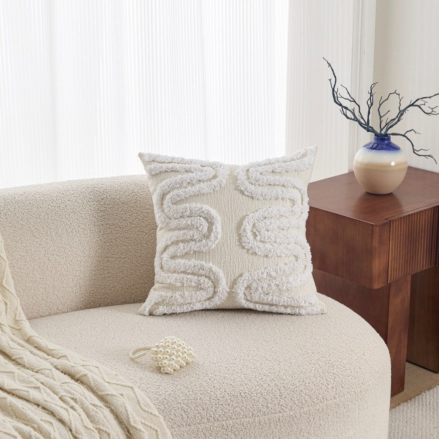 Neutral Tufted Pillow Cover, Textured 45 x 45 cm Cushion Case with Leaf, Wave and Tassel Designs for Cozy Sofas