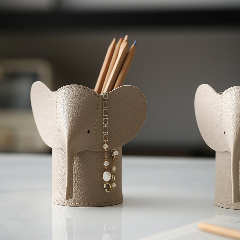 Elephant-Shaped Pencil Holder with Leather-Look Finish, Cute Desk Organizer in Five Colors for Pens and Brushes
