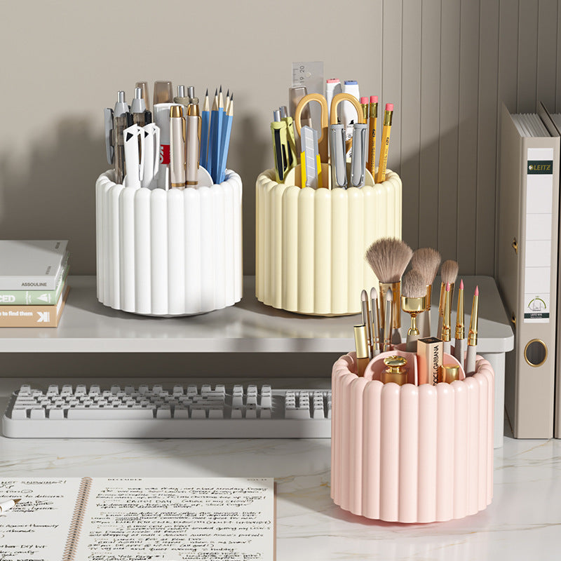 Ribbed Rotating Pencil Holder, Pastel Desk Organizer Cup for Pens, Pencils and Makeup Brushes in White, Cream or Pink