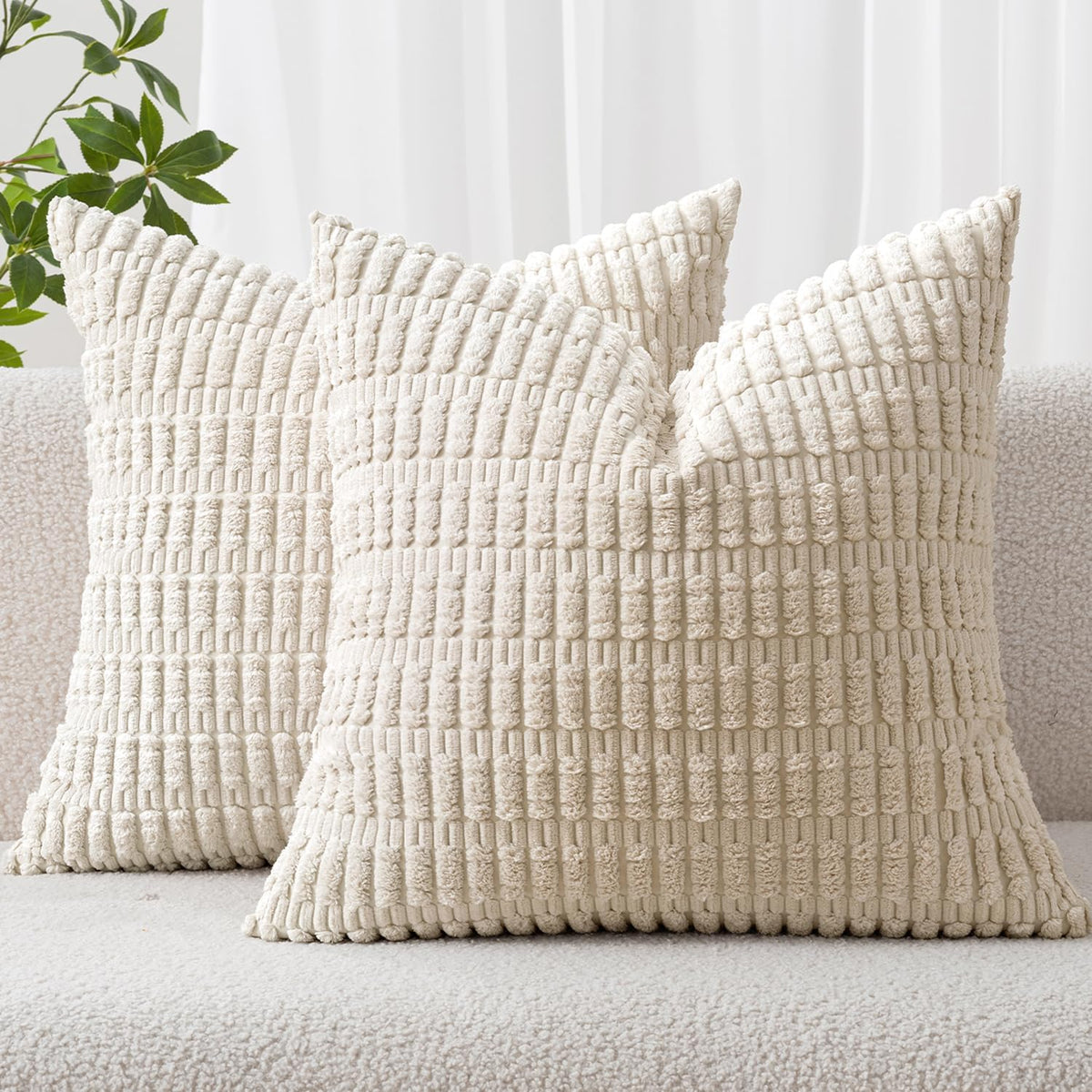 Cream Ribbed Corduroy Pillow Cover, 18 x 18 Inch Textured Cushion Case for Cozy Sofas, Beds and Neutral Living Rooms