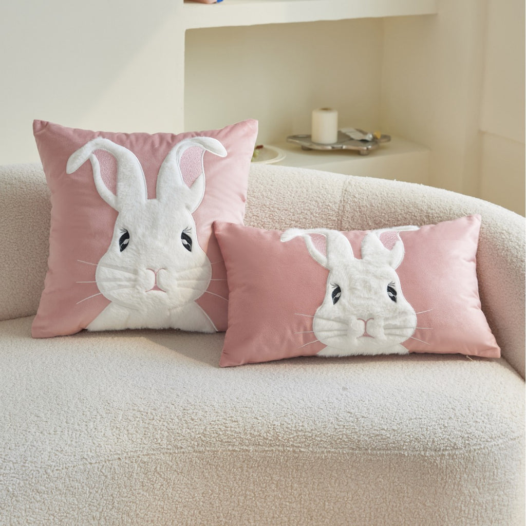 Embroidered Bunny Pillow Cover in Beige, Gray or Pink | Soft Rabbit Cushion Cover for Cozy Sofas, Beds and Nursery Decor