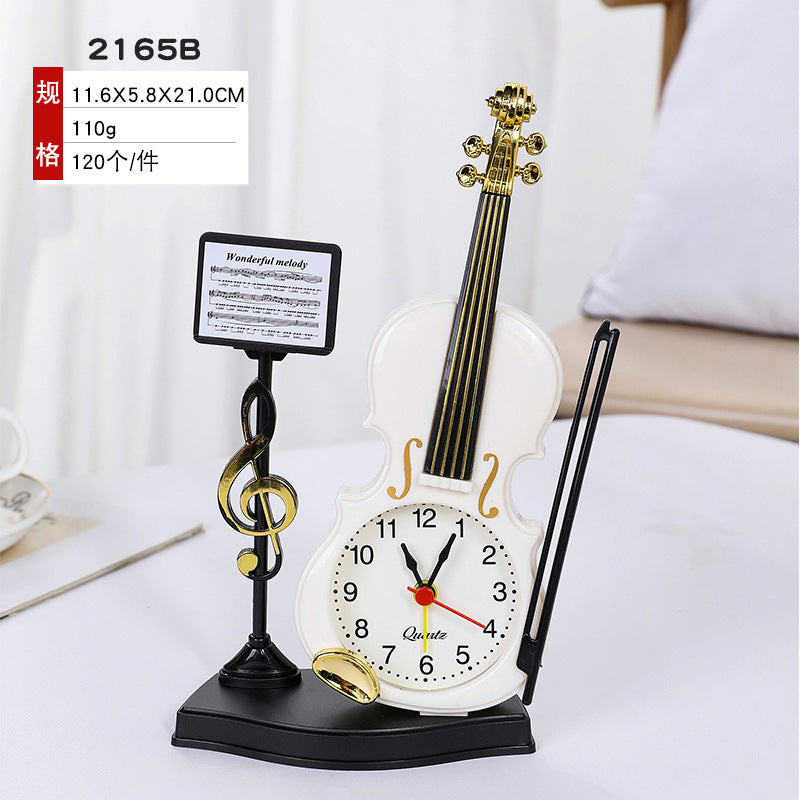 Decorative Violin Clock-Face Figurine, Mini Musical Instrument Desk Ornament for Shelves, Workspaces and Music Lover Gifts (Non-Working)