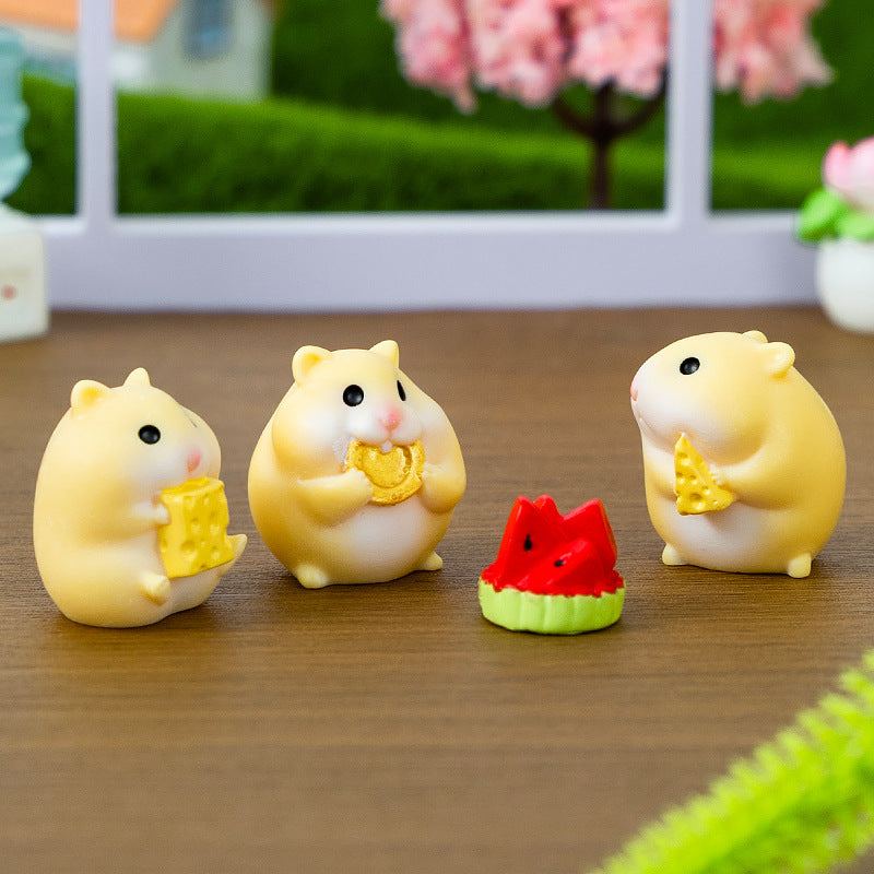Mini Hamster Figurine Set of 4, Whimsical Animal Micro Ornaments for Desk Decor, Miniature Scenes and Small Gifts
