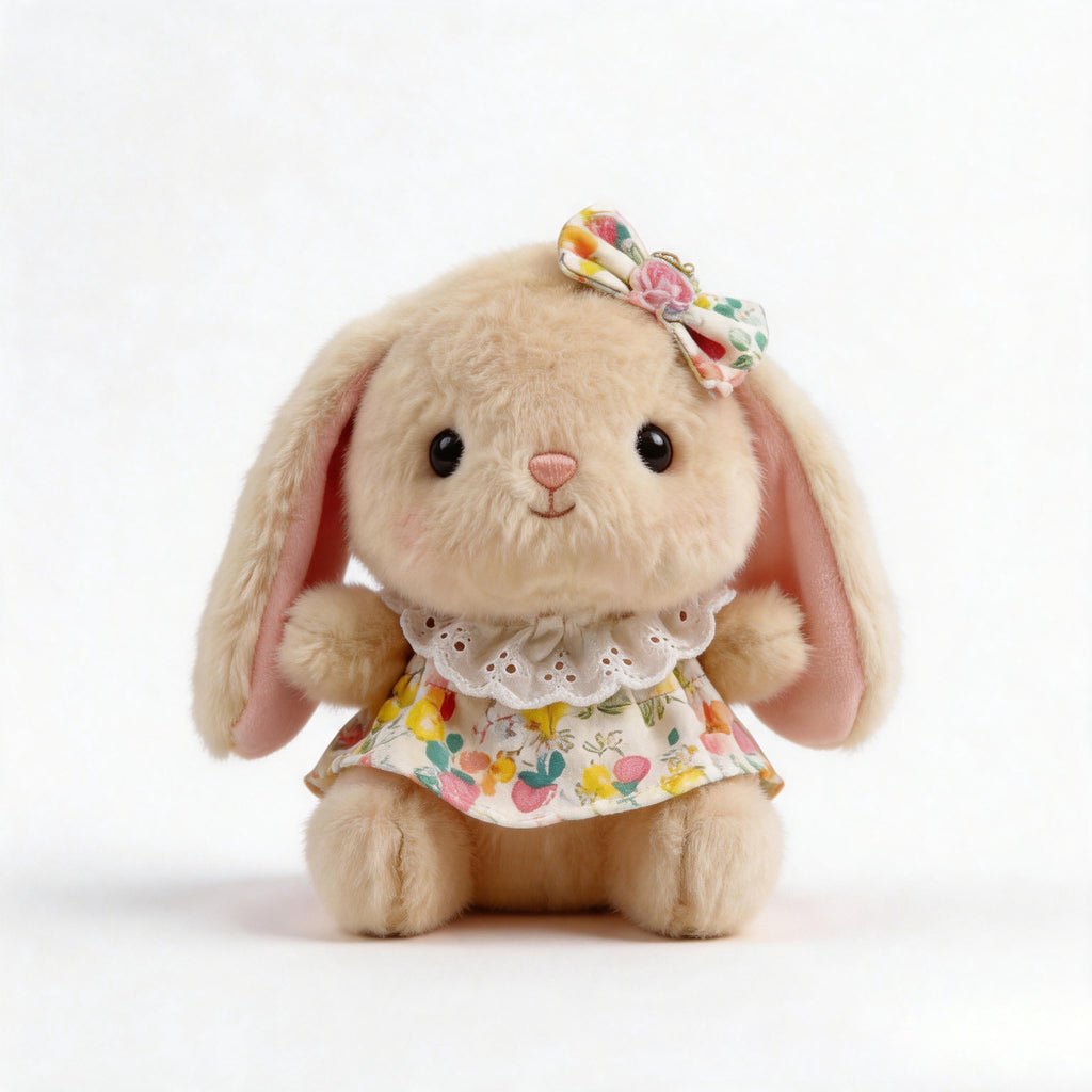 Strawberry Dress Bunny Plush Bag Charm, 12 or 16 cm Long-Eared Rabbit in Pink or Brown for Backpacks, Desks and Sweet Little Gifts