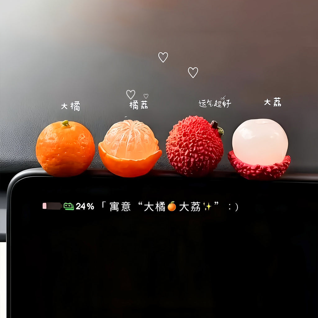 Whimsical Mini Fruit Car Accent Set of 4, Playful Lychee and Orange Dashboard Figurines for a Cheerful Drive